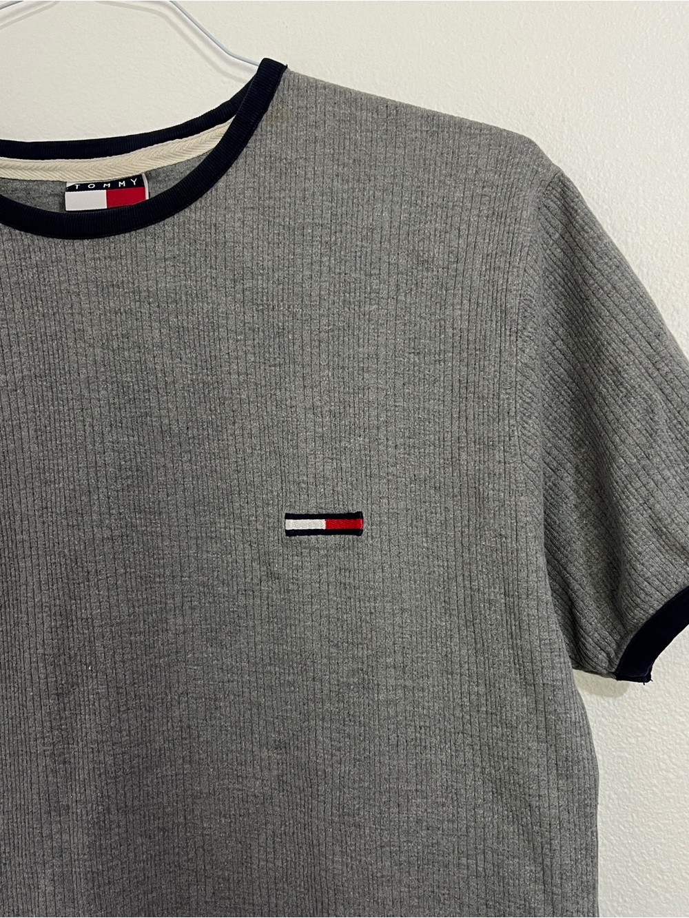 Tommy Hilfiger Gray Ribbed Short-Sleeve Tee with Navy Trim